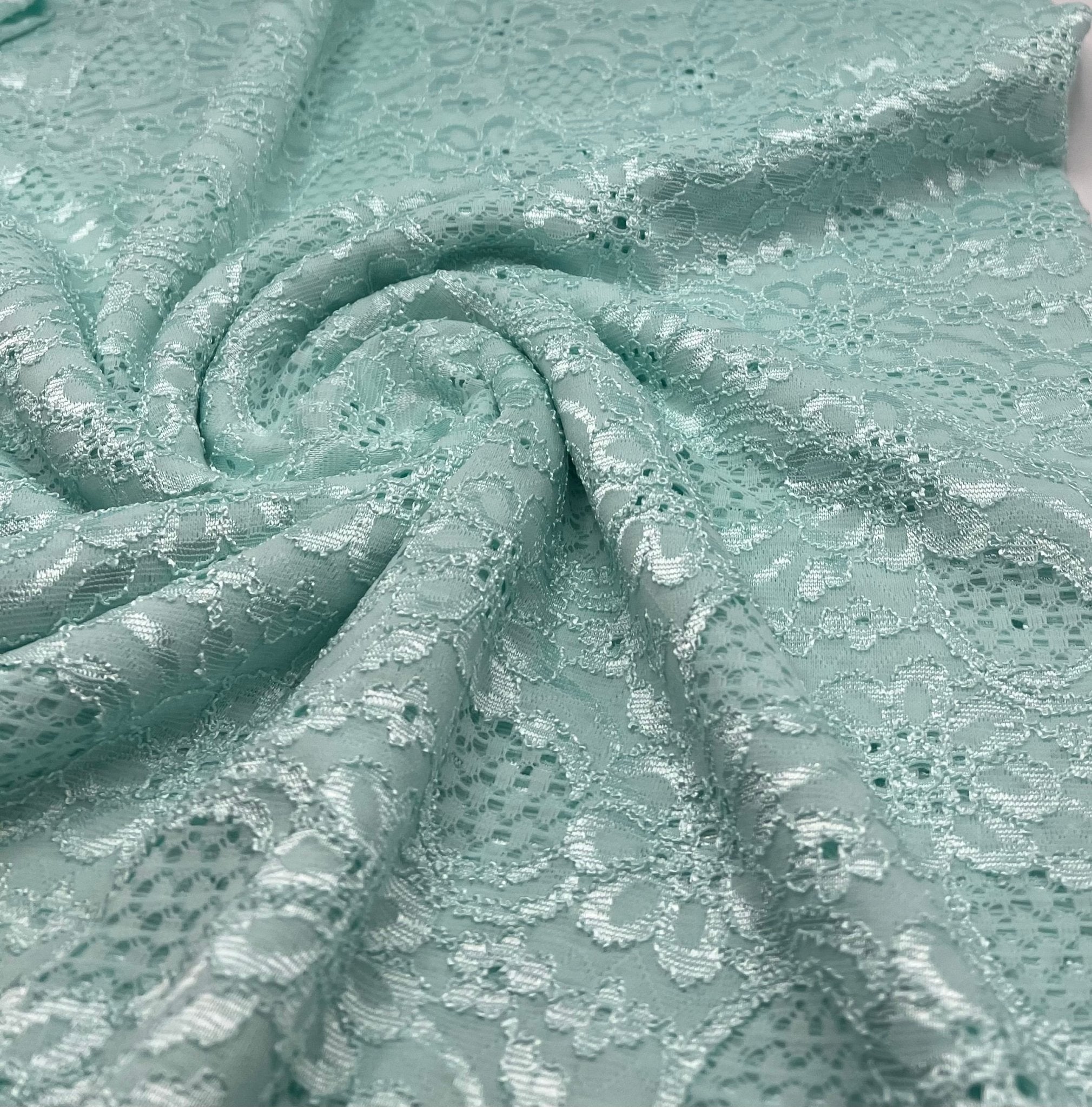 Aqua Shiny Blue Floral Lace Fabric Stretch - T9 Fabrics